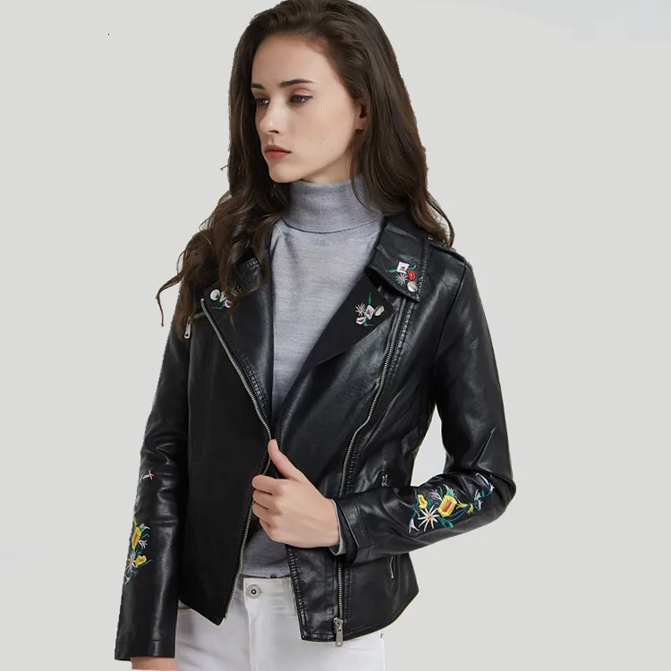 

Women Floral Embroidery Leather Jackets Turn-down Collar Slim Fit Coat Faux Soft Pu Motorcycle Lady Sweet Winter Black Outerwear