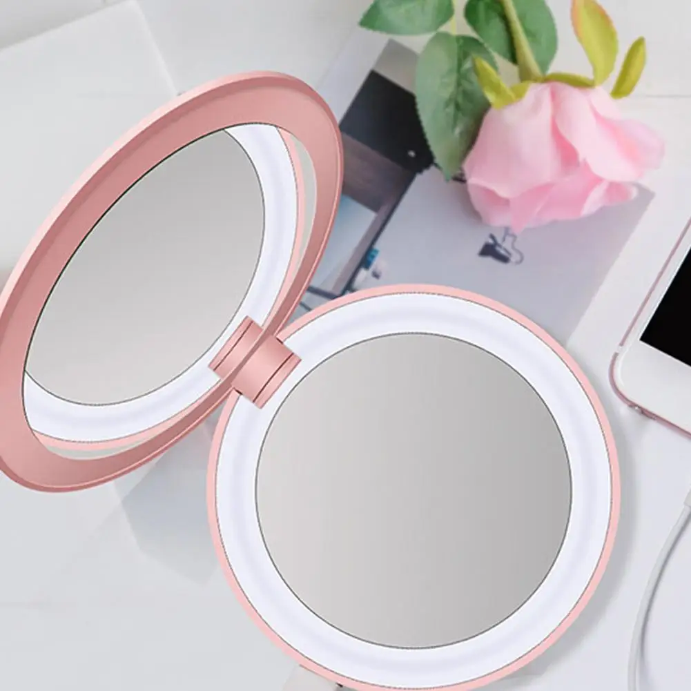 Fashion Mini-LED Portable Makeup Folding Gift Mirror USB Power Supply 3 Colors Portable Double-sided Makeup Mirror Lamp Charging