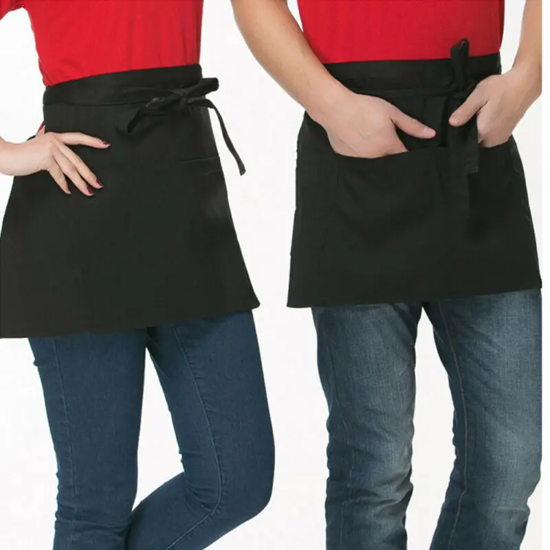Black,White Short Waist Apron With Open Pockets For Bar Cafe Pub Waiter Waitress 