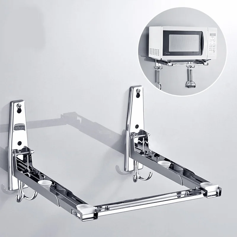 Stainless Steel Adjustable Microwave Oven Rack Wall-mounted Kitchen Floating Shelf Retractable Brac