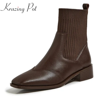 

Krazing Pot cow leather preppy style med heels slip on Chelsea boots retro color square toe superstar stretch ankle boots L43