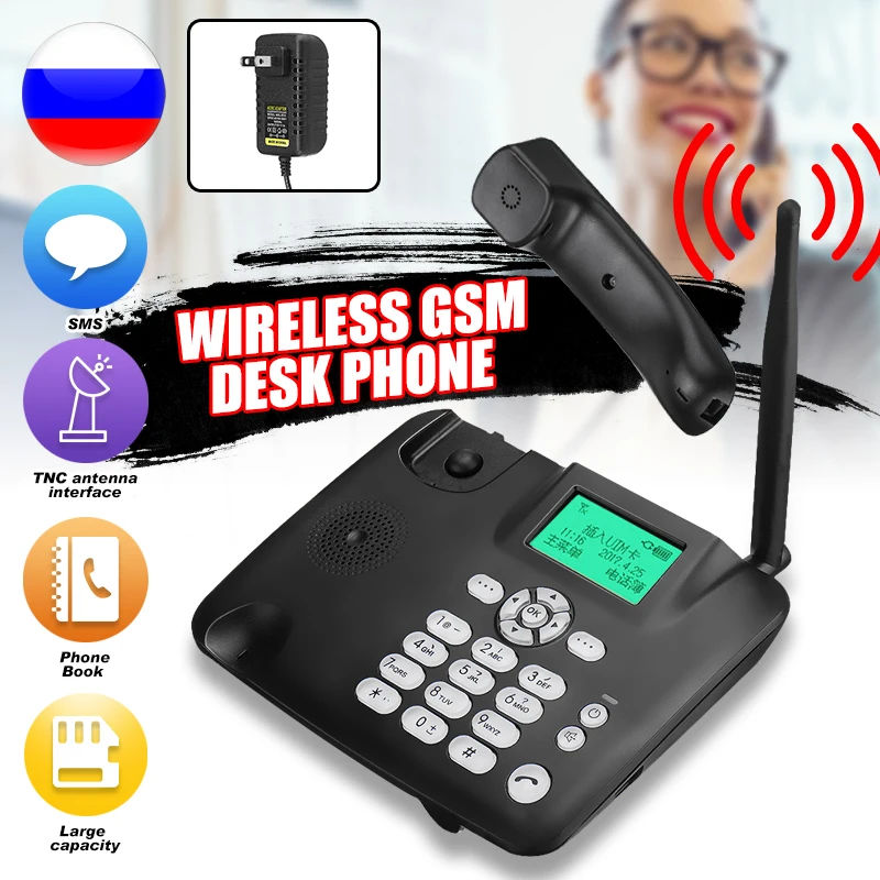 Black Fixed Desktop Wireless cordless Telephone 2G GSM Desk Phone SIM Card SMS Function Desktop