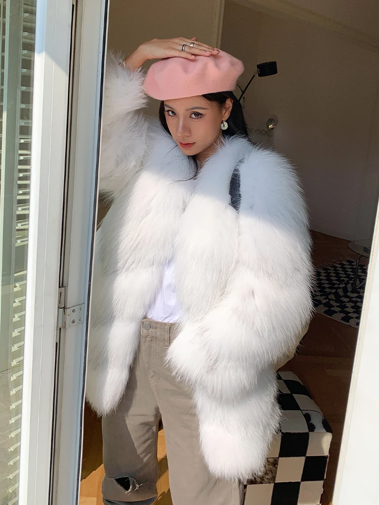 Mid-length Women Real Fox Fur Coat V-Neck 2022 New Trendy Whole Skin Genuine Fox Fur Jacket Thick Warm Fur Overcoat Woman Winter