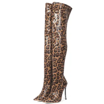

Prova Perfetto Autumn Winter Sexy Women Boots High Heels 12cm Leopard Print Onver-the-knee Boots Night-club Stretch Fabric Boots