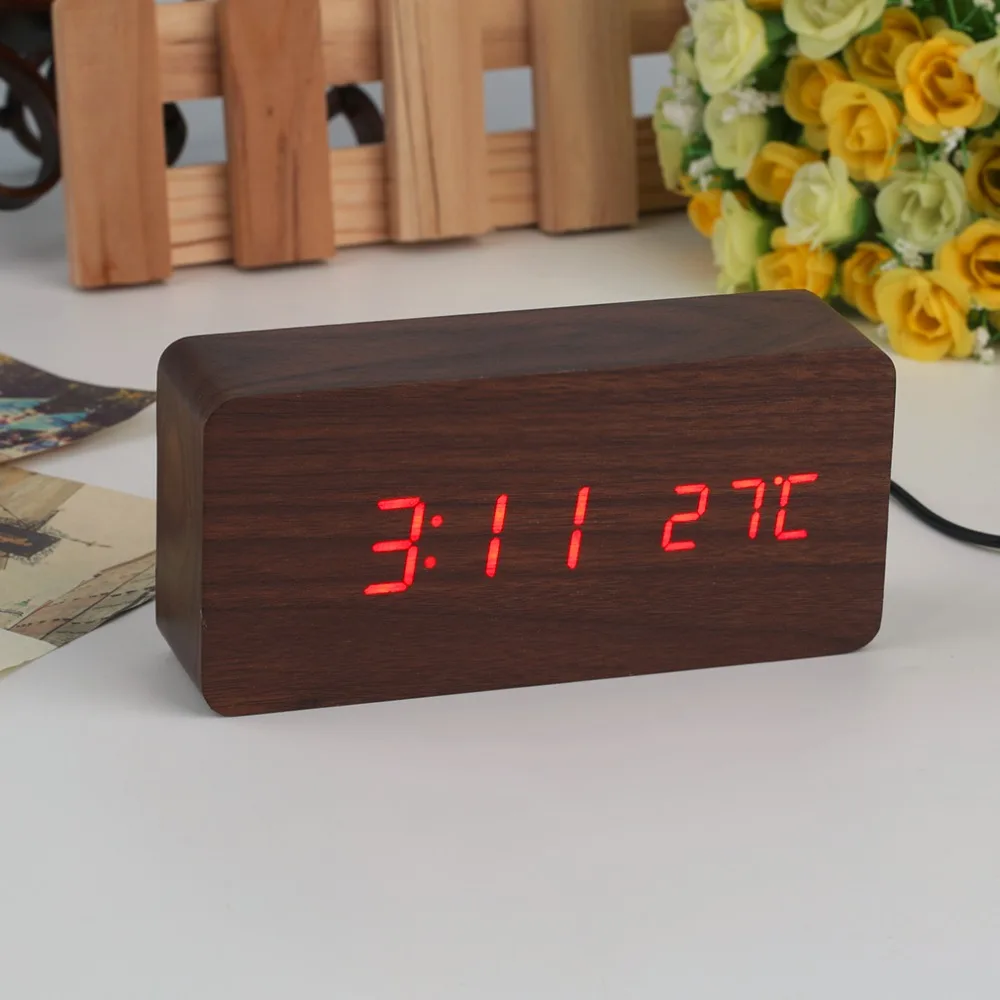 4 цвета большой размер светодиодный Деревянный Будильник с термометром прямоугольные настольные часы цифровые часы классический светодиодный деревянный часы