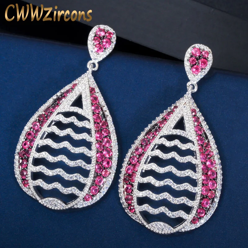 

CWWZircons Luxury Design Ruby Red Cubic Zirconia Long Dangle Drop Big Earrings for Women Party Wedding Banquet Jewelry CZ601