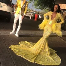 Глубокий v-образный вырез с длинным рукавом перья желтые платья на выпускной длинный поезд африканские женщины формальное платье черные девушки вечерние платья для выпускного вечера
