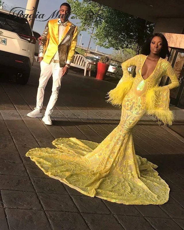 Глубокий v образный вырез с длинным рукавом перья желтые платья на выпускной