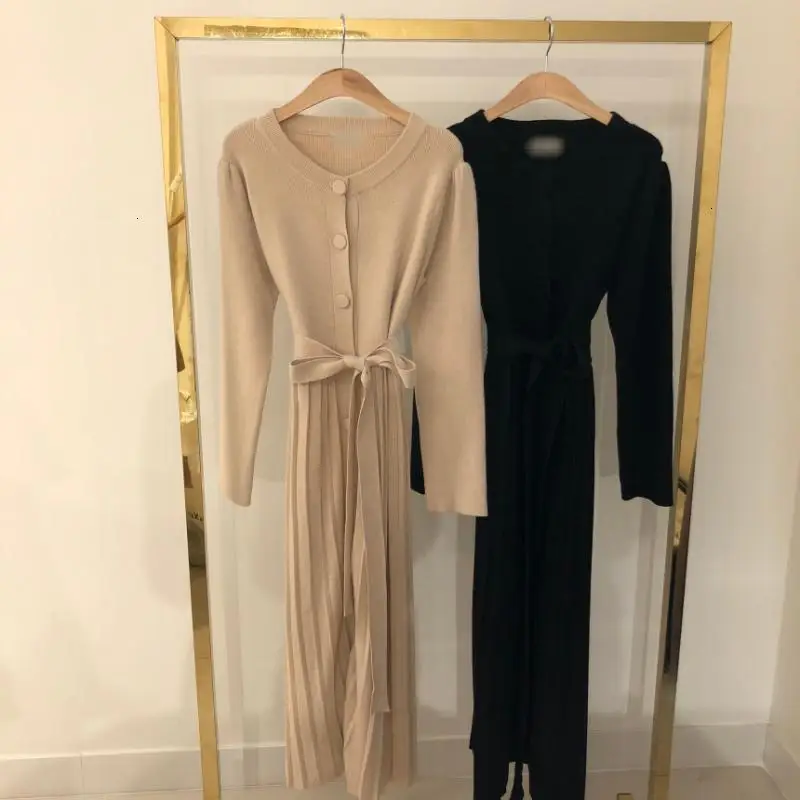 TVVOVVIN New Fashion Autumn Winter Round Collar Knit Dress Women Belt Pleated Slim Casual Solid Vestidos Female Tide B725