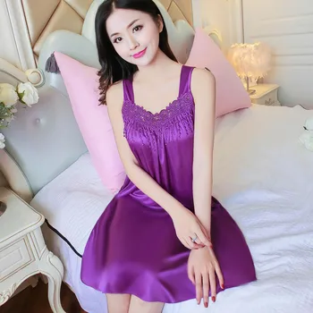 

Hot Sale Ladies Sexy Silk Satin Night Dress Sleeveless Nighties V-neck Nightgown Nightdress Lace Sleepwear Nightwear Women #W