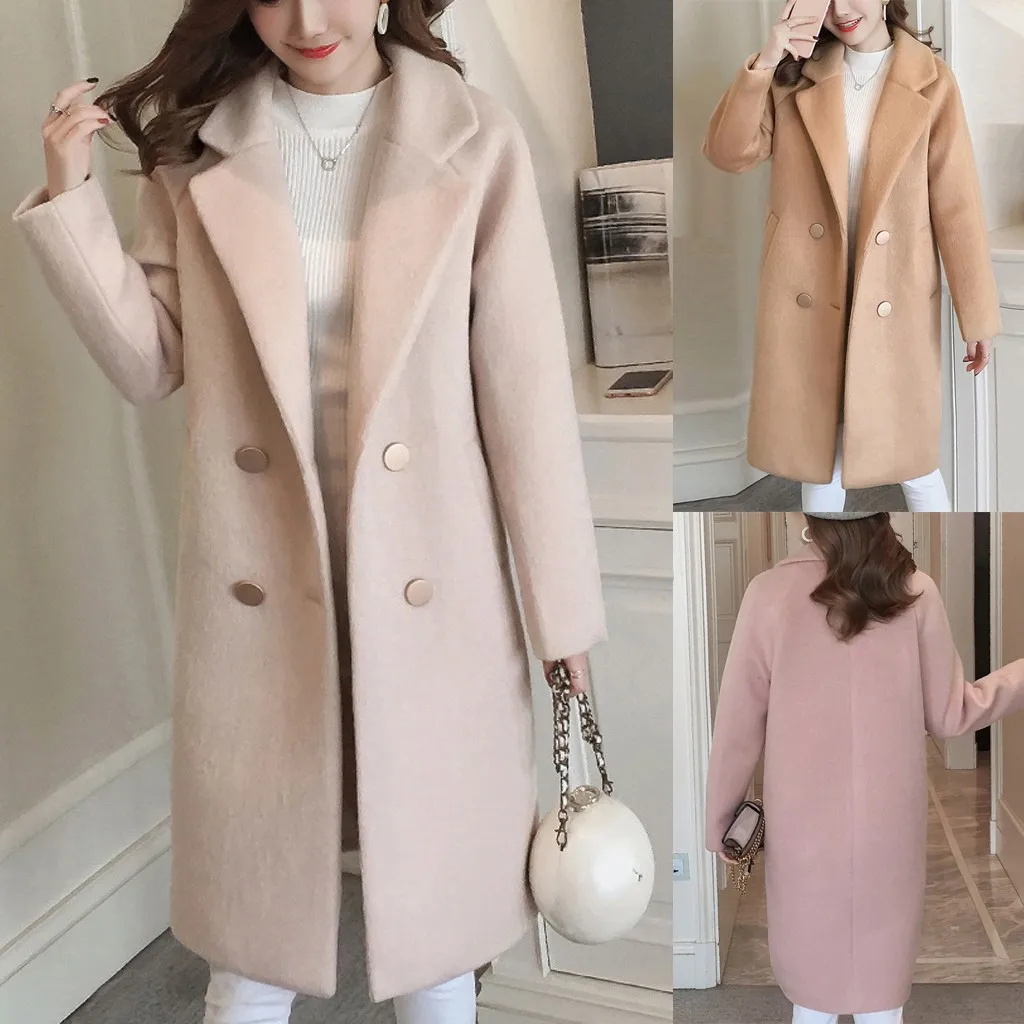 Women Wool Coats Vintage Winter Solid Color Work Office Blends Coats Long Sleeve Button Woolen Jacket Coat Ladies Oversize Coats