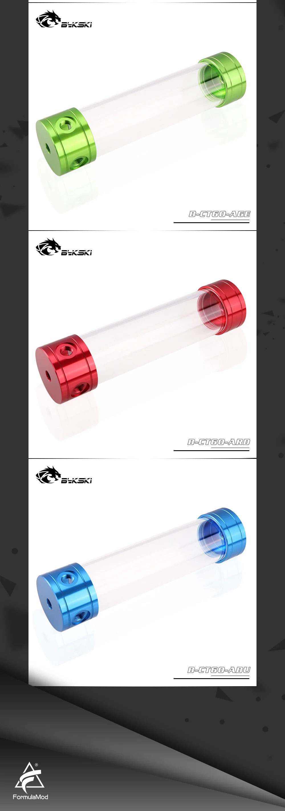 Bykski B-CT60-AL, 60mm Cylinder Reservoirs, Aluminum Alloy Cover Acrylic Body, 60mm Diameter 100/150/200/260mm Length  