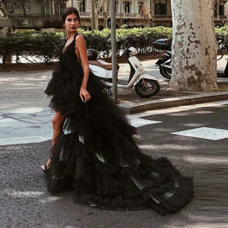 

Black Robe de soiree Tiered Tulle High Low Prom Formal Dresses Sweep Train Sexy Backless Evening Pageant Dresses Abendkleider