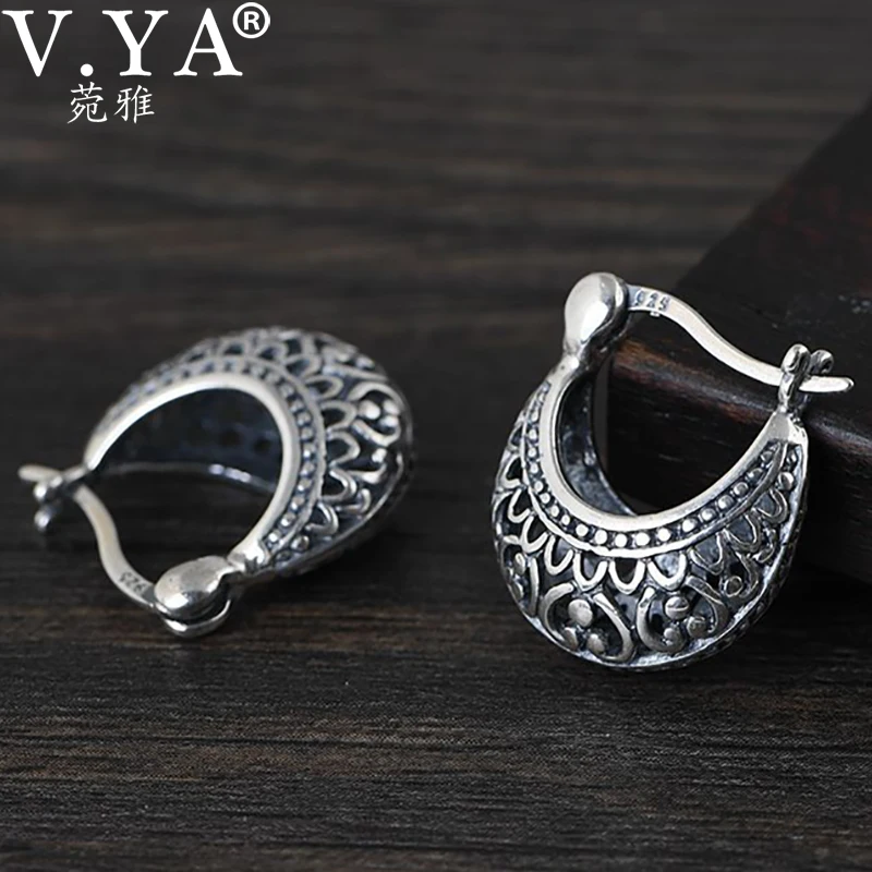 V.YA, настоящее 925 пробы, серебряные, с цветочным узором, в форме Луны, полые серьги для женщин, Ретро стиль, этнические, модные ювелирные изделия