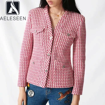 

AELESEEN Runway Fashion Red Women's Tweed V-Neck Short Coat Ladies Single-Breasted Jacket Spring Autumn Pockets Outwears Top