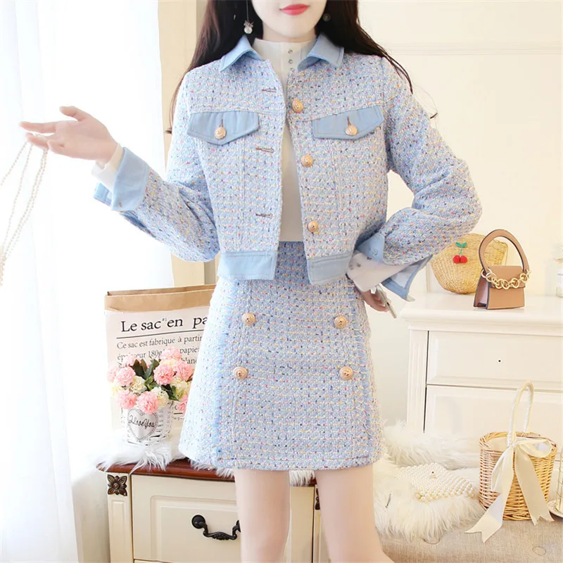 

High Quality Women Tassels Tweed 2 Piece Set Autumn Winter Blue Tweed Single Breasted Jacket Coat Tops+Fringe A Line Skirt Suits