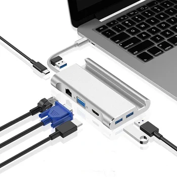 

7 In 1 USB-C 4K HDMI VGA Rj45 Ethernet 3 USB 3.0 Port Type C Adapter Cable Hub 7 In 1 Multifunction USB-C Hub