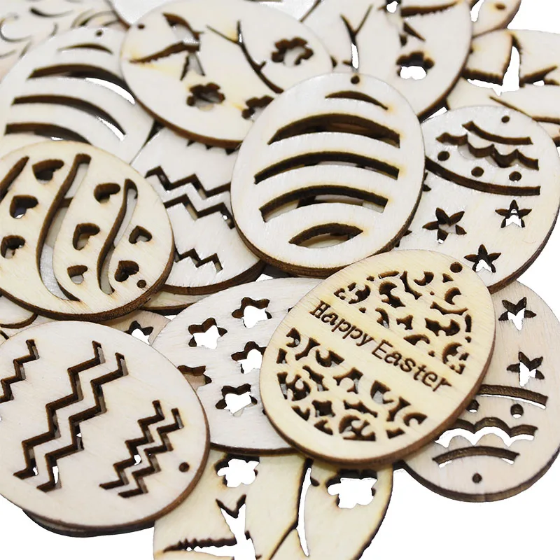 25pcs Easter Decor Wooden Egg Hollow Wood Hanging Pendant Easter Party Supplies Diy Wood Craft Hanging Ornament For Happy Easter