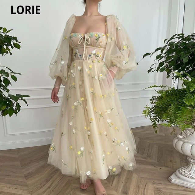 LORIE Square Neck Prom Dresses Long Puff Sleeves Embroidery Tulle Prom Gowns A-Line Ankle-Length Wedding Party Dresses Champagne
