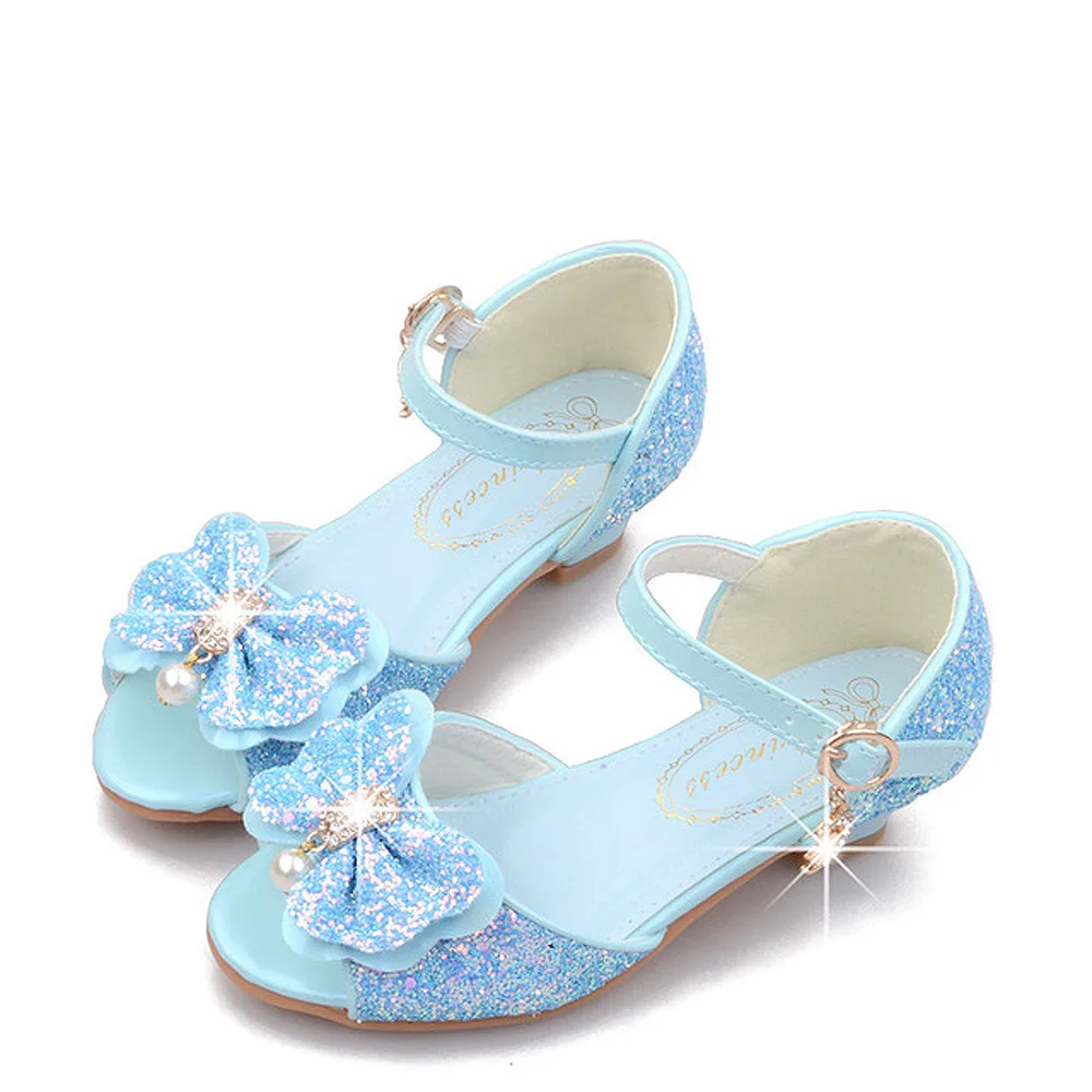 Детская блестящая обувь с бантиком для девочек; chaussures prinsessen schoenen; блестящие босоножки с бантиком; модельные туфли на высоком каблуке - Цвет: Небесно-голубой