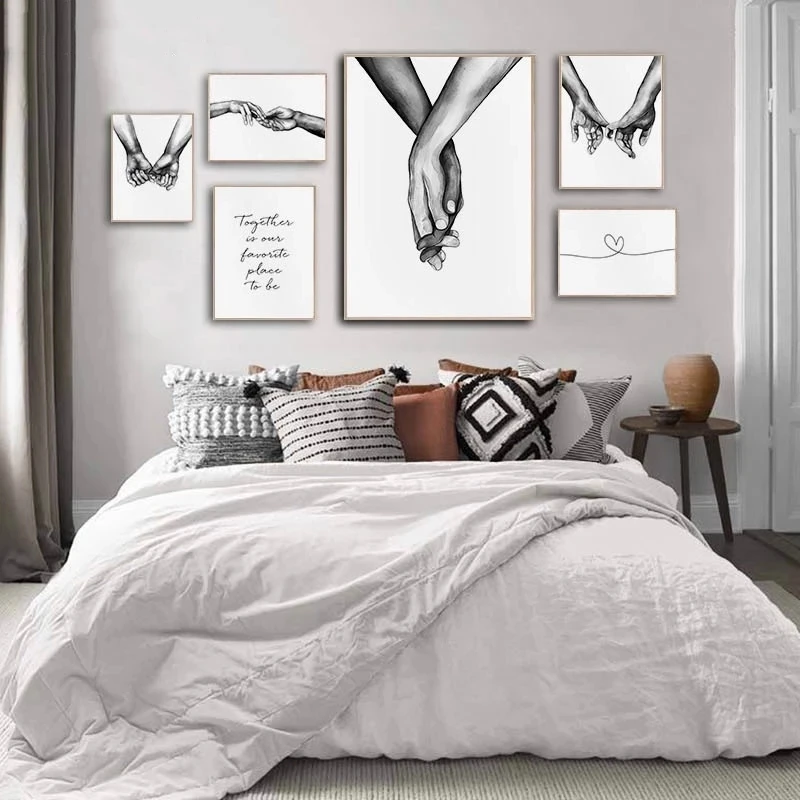 Romantic Hand In Canvas Painting Black White Wall Art Poster Print Nordic Fashion Picture Couples Lovers Room Decoration | Дом и сад