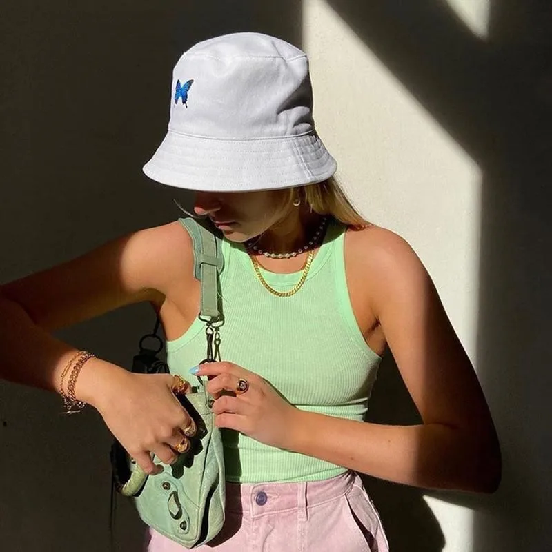Panama with Butterfly Canvas Bucket Hat White Butterfly Embroidery Double-sided Wearable Basin Caps Outdoor Travel Visor Hat