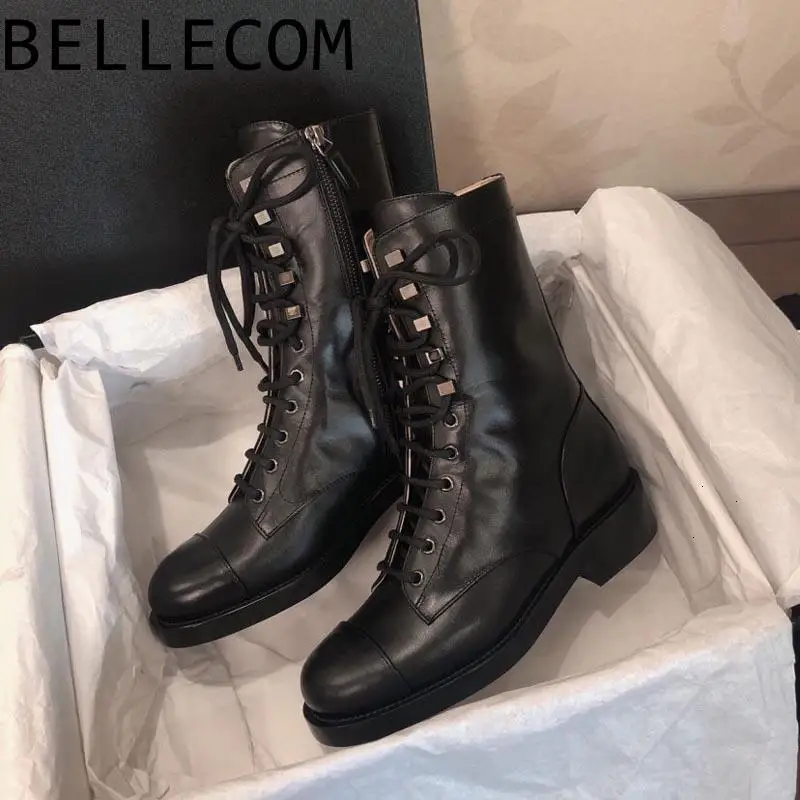 

BELLECOM Side Zipper Bandage Short women Woman Martin Boots Genuine Leather Circle Head Locomotive ladies shoes sapato feminino