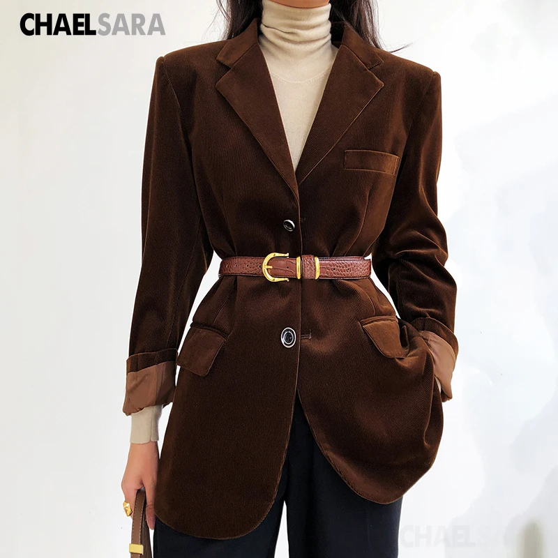 

2020 Spring Autumn Elegant Corduroy Office Blazers Jacket Women Solid Pockets Suit Coat Female Outwear Tops