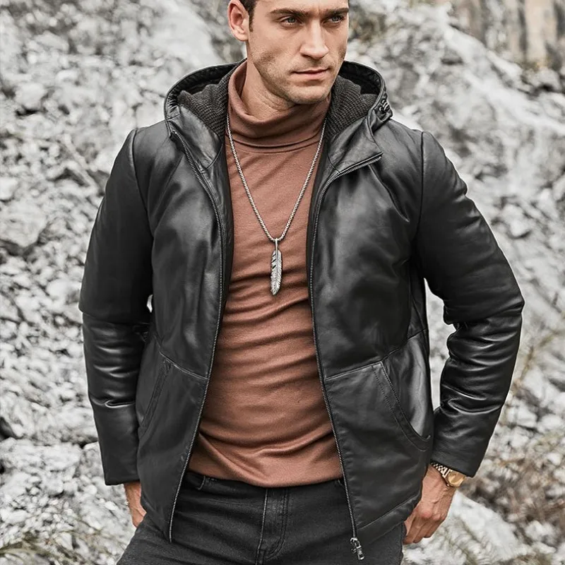 Зимняя мужская куртка с капюшоном из овчины и натуральной кожи, мотоциклетная ветровка, верхняя одежда, пальто, приталенная кожаная куртка размера плюс 5XL