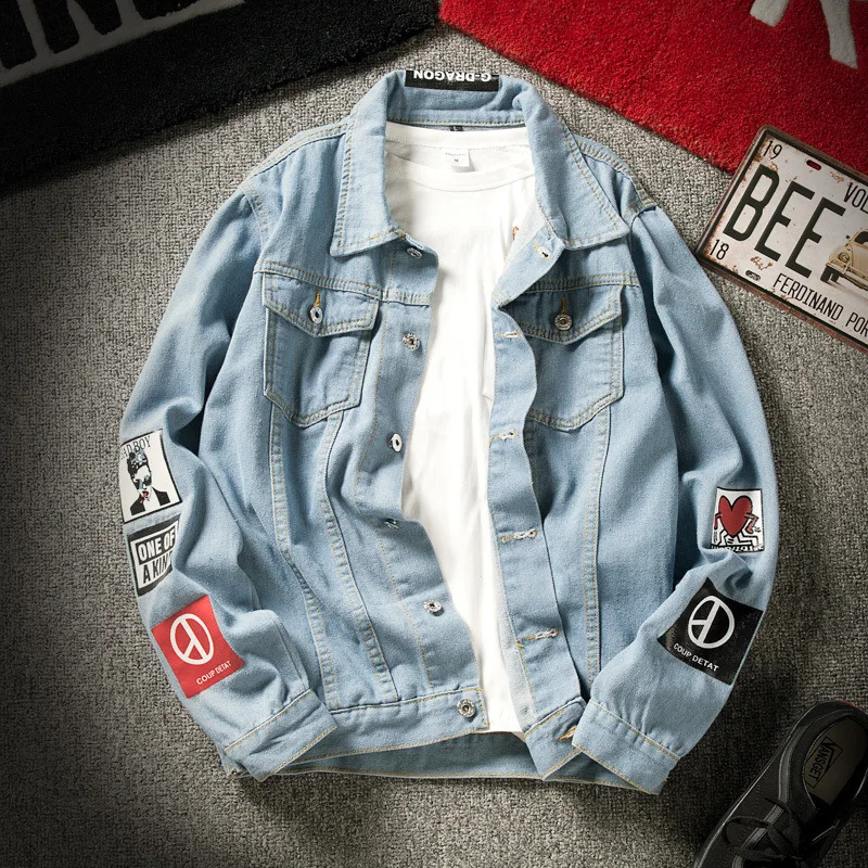 

2018 Spring New Style Men Badge Printed Denim Jacket Men Fashion Demin Jacke