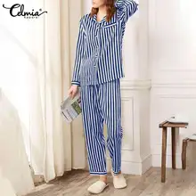 

Celmia 2022 Fashion Striped Pajamas Sets Spring Women Casual Loose Lapel Long Sleeve Shirt Elastic Waist Pants Printed Home Sets