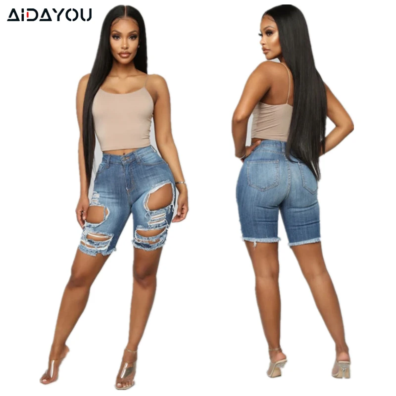 Женские джинсовые шорты с высокой талией размера плюс рваные потертые