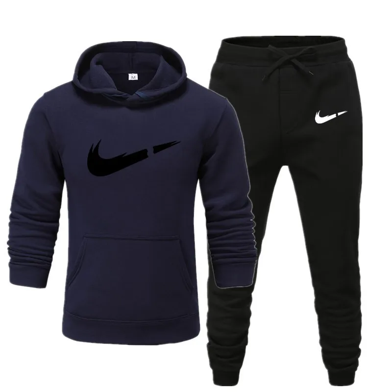 Navy Blue black Мужской комплект с капюшоном, утепленные флисовые толстовки+ спортивные штаны,, зимний весенний свитшот, спортивная одежда для мужчин - Цвет: Navy Blue black