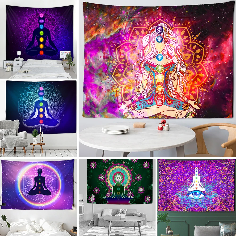 Psychedelic Tapestry Indian Buddha Statue Meditation 7 Chakras Wall Hanging Mandala Fabric Yoga Tapestries | Дом и сад