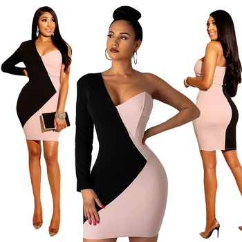 

Bikitique Vintage Full Dress Patchwork Contrast Asymmetric Long Sleeve Slim Sexy Hip Pack Dress Women Banquet Date Dress Vestido