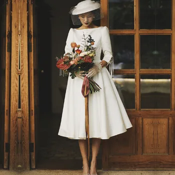 

Cheapest Boho A-line Jewel Wedding Dress 2019 Tea Length Satin Country Wedding Bride Dresses Vestido Noiva Praia New