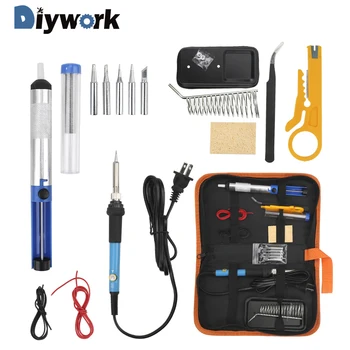 

DIYWORK Electric Soldering Iron Kit With Tool Bag Soldering Tips Desoldering Pump Adjustable Temperature US110V EU 220V 60W