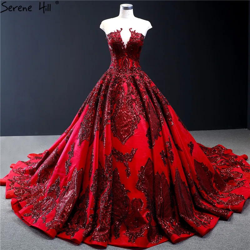 

Wine Red Sexy Sleeveess Wedding Dresses Design 2019 Sequined Satin Lace Up Bridal Gowns Real Photo HM66948 Custom Made