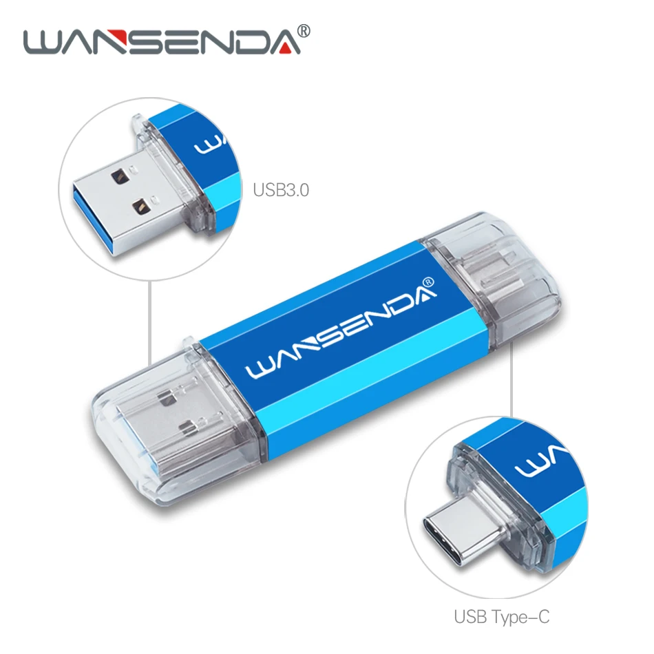 WANSENDA OTG USB флеш-накопитель 2 в 1 USB3.0 и Тип C флеш-накопитель 512 ГБ 256 ГБ 64 ГБ 32 ГБ Флешка USB флешка для устройств type-C - Цвет: Синий