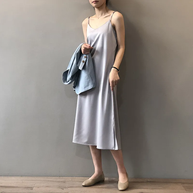 Summer Satin Black Sexy Women Dress 2020 Women's Dress Luxury Shiny Sundress Imitation Silk dress Y0786 Spaghetti Strap Dresses (13)