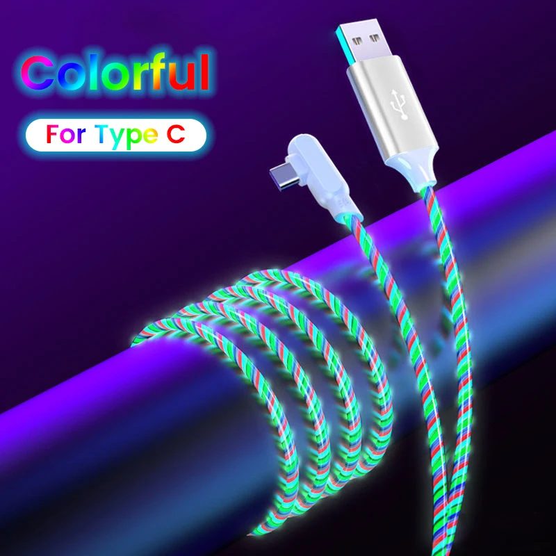 1m/2m 5A Elbow 90 degrees Fast Charging Cable For Samsung Huawei Micro USB Type C Flow Luminous Lighting LED Kable Data Cord fast charging cable for android Cables