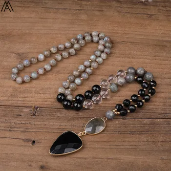 

Natural Black Agates Stone Labradorite Stone Pendant Round Agates Crystal Beads Handmade Knot Necklace Long 32 Inch N0539AMFB