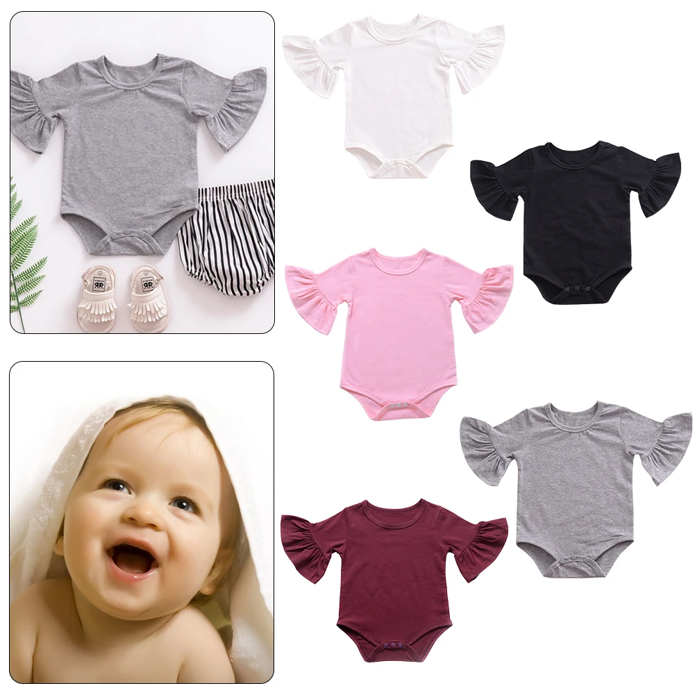 

Toddler Baby Girls Romper Pure Color Outfit Long Flare Sleeve Cotton Romper Baby Buttons Jumpsuit Clothing Infant Clothes
