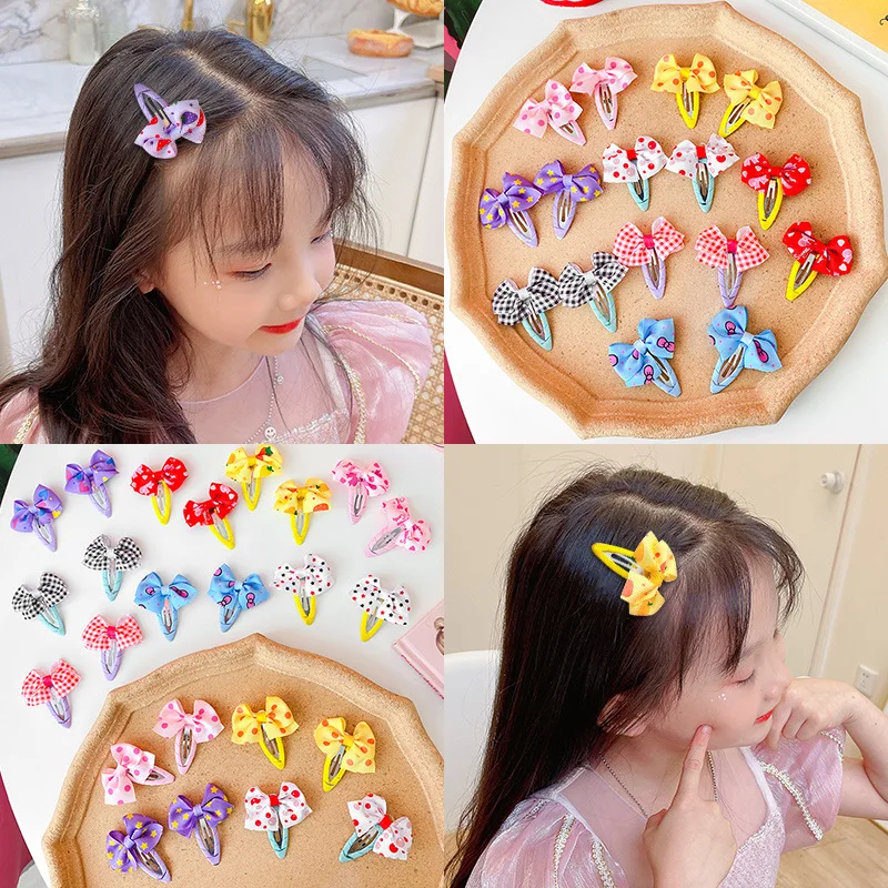 10 Pcs/set Cotton Linen Printed Bowknot Hair Clips for Cute Girls Barrettes Safty Hairpins Headwear Kids Hair Accessories 10 50pcs barrettes packing paper card cute rabbit display cards for diy girls kid hair accessories retail price tag holder label