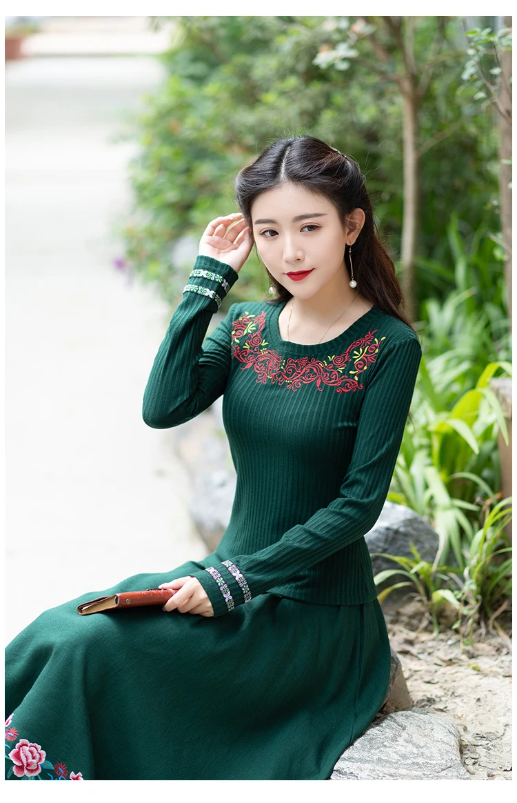KYQIAO camiseta mujer Винтажная Футболка женская осень весна Мехико стиль длинный рукав красный зеленый вышивка вязаная рубашка футболка Топы
