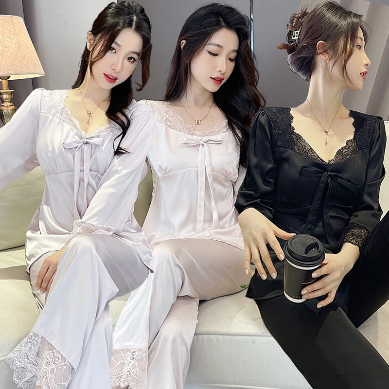 2022 Spring Long Sleeve Silk Satin French Court Pajama Sets for Women Sexy Lace Bow Sleepwear Suit Homewear Pijama Mujer Clothes sexy pajama sets for women