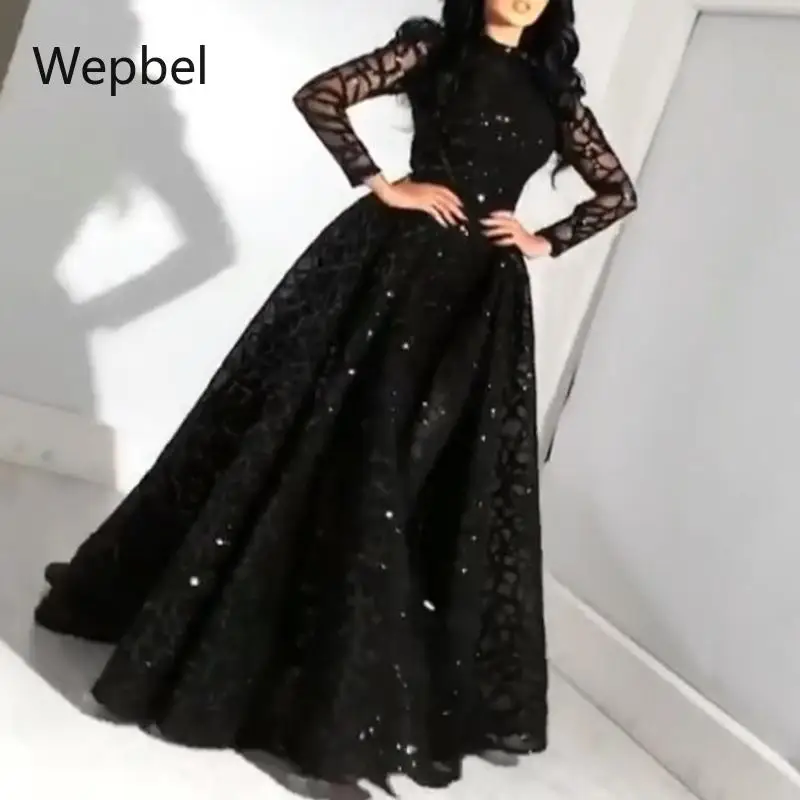 Женское вечернее платье с высокой талией WEPBEL черное блестками расширяющееся