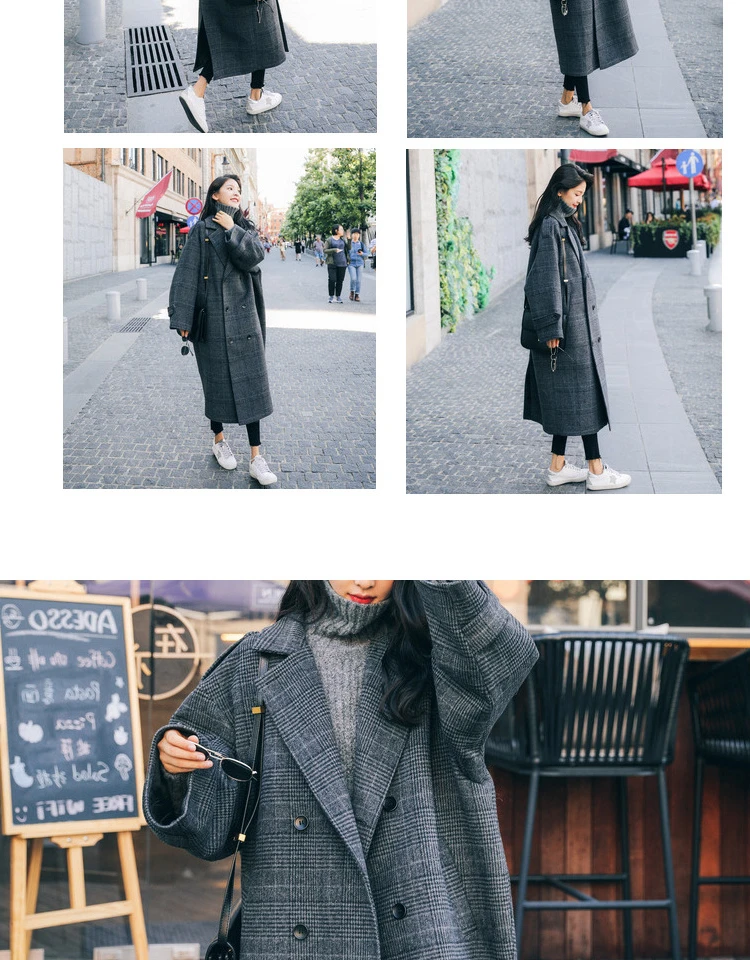 Женская элегантная Зимняя шерстяная клетчатая винтажная куртка большого размера, длинное Бандажное шерстяное пальто, кардиган размера плюс, Manteau Femme Hiver