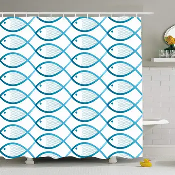 

Shower Curtain Set with Hooks 72x78 Ocean Abstract Life Creative Swimming Fish Decor Decoration Pattern Animals Blue Wildlife