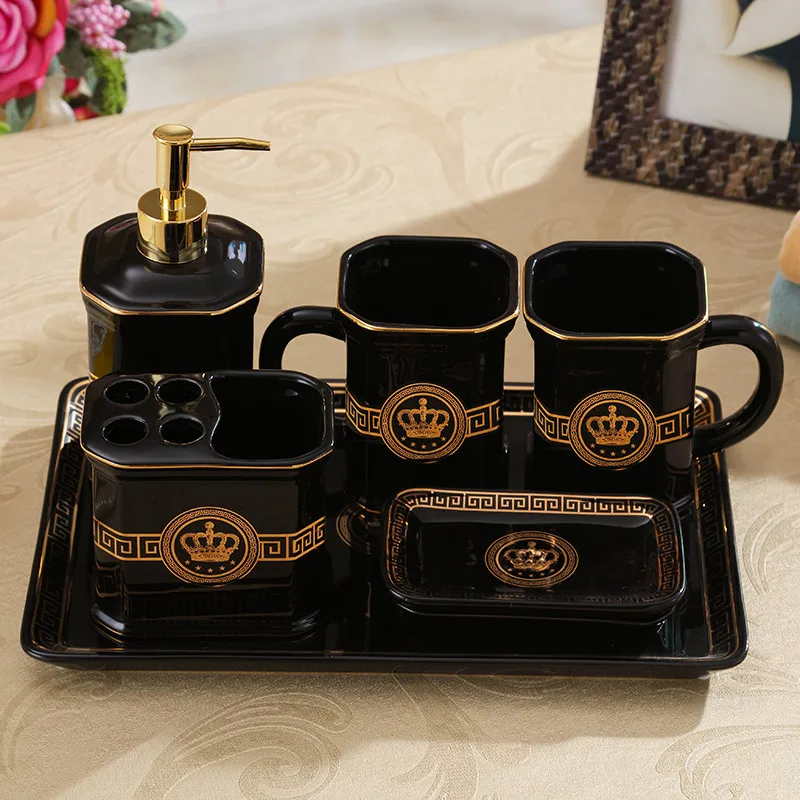 Ceramic Bathroom Accessories Set Soap Dispenser Toothbrush Holder & Cups WIth Tray Lavatory Luxury 5-6 Pieces Wedding Gifts |
